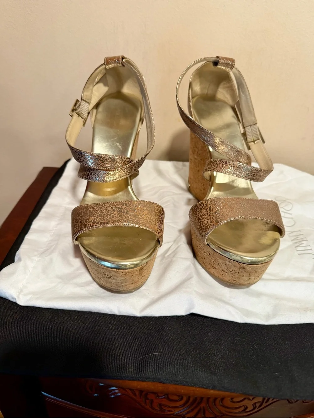 Jimmy Choo Metallic Gold Cork Wedge Sandals